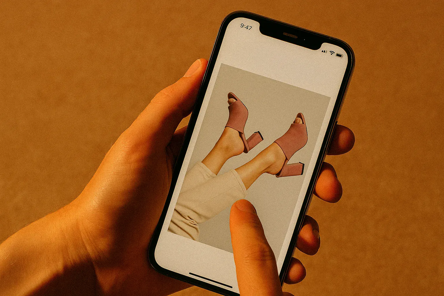 Dłoń trzyma smartfon z treścią beauty na pomarańczowym tle