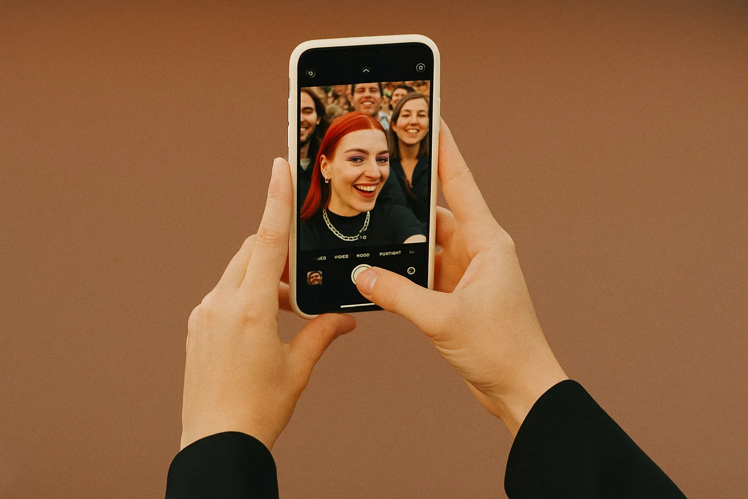 Dłonie trzymają smartfon z grupowym selfie
