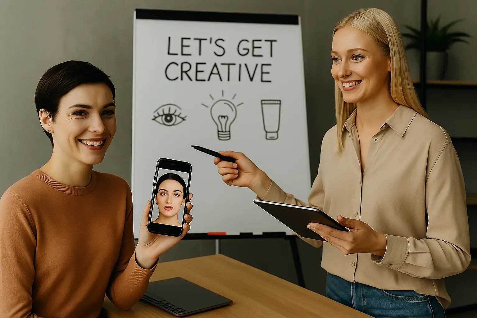 Dwie kobiety przy flipcharcie z napisem Let’s get creative planują content beauty