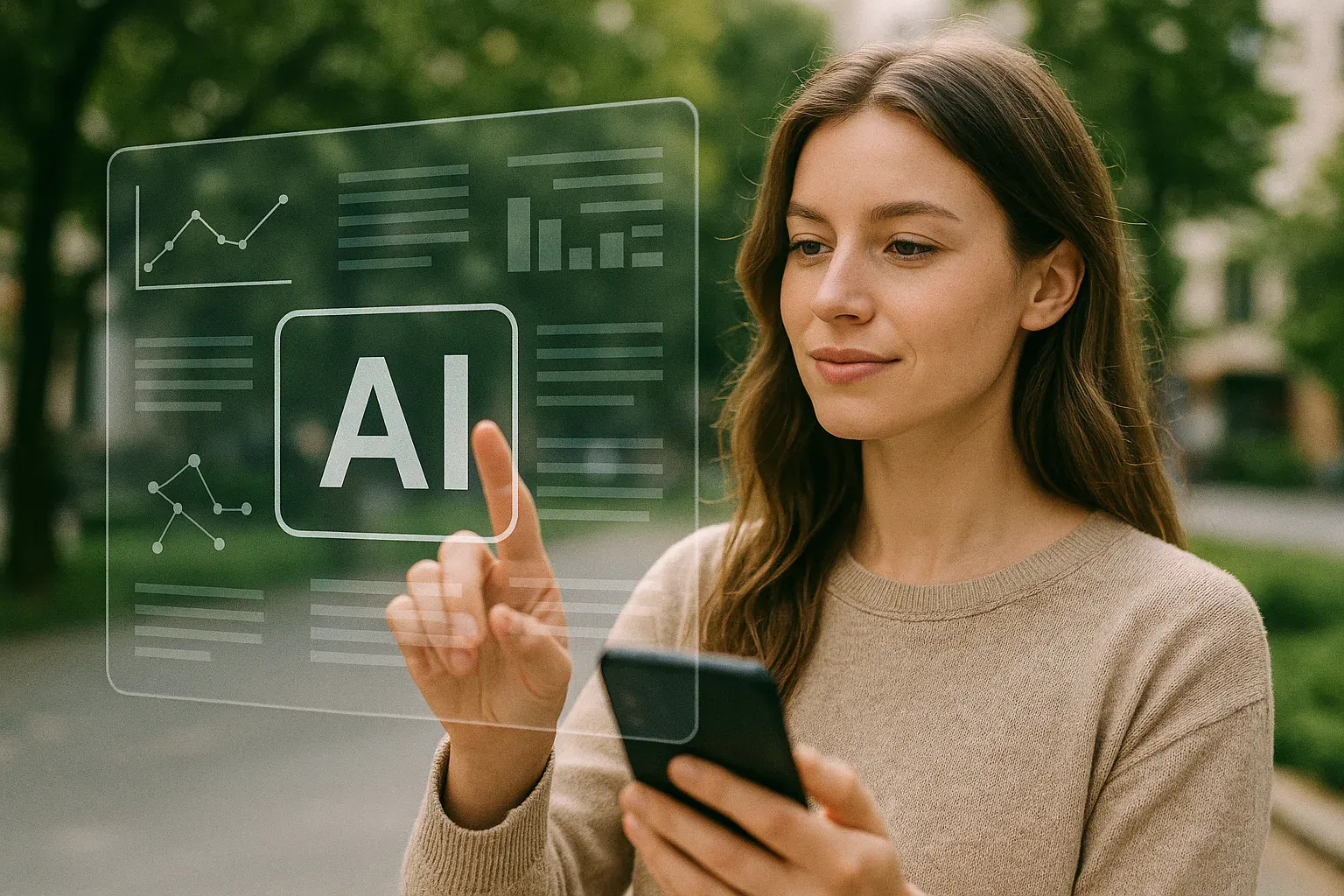 Kobieta ze smartfonem przy wizualizacji AI i wykresów