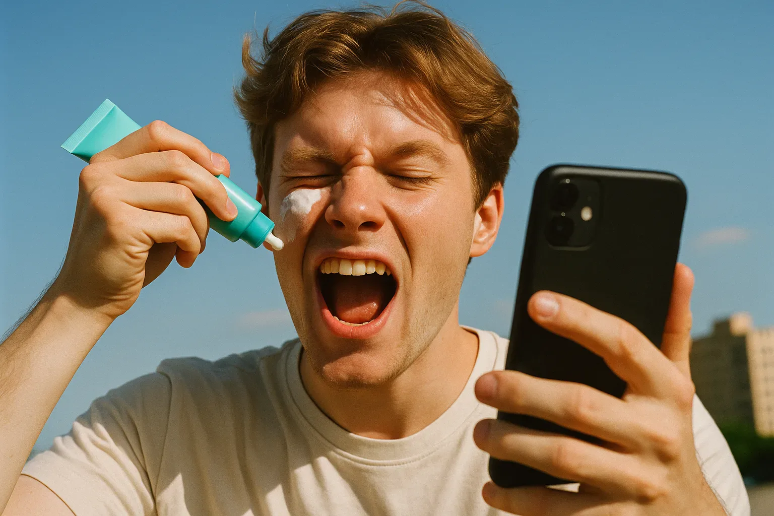 Mężczyzna z kremem na twarzy krzyczy do telefonu, humor w treściach viralowych
