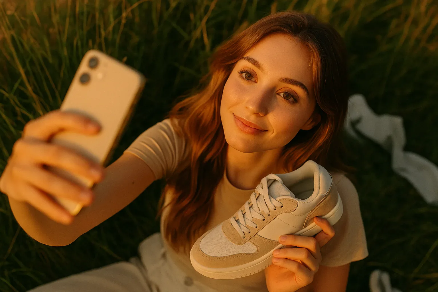 Młoda kobieta robi selfie z butem sportowym, content UGC