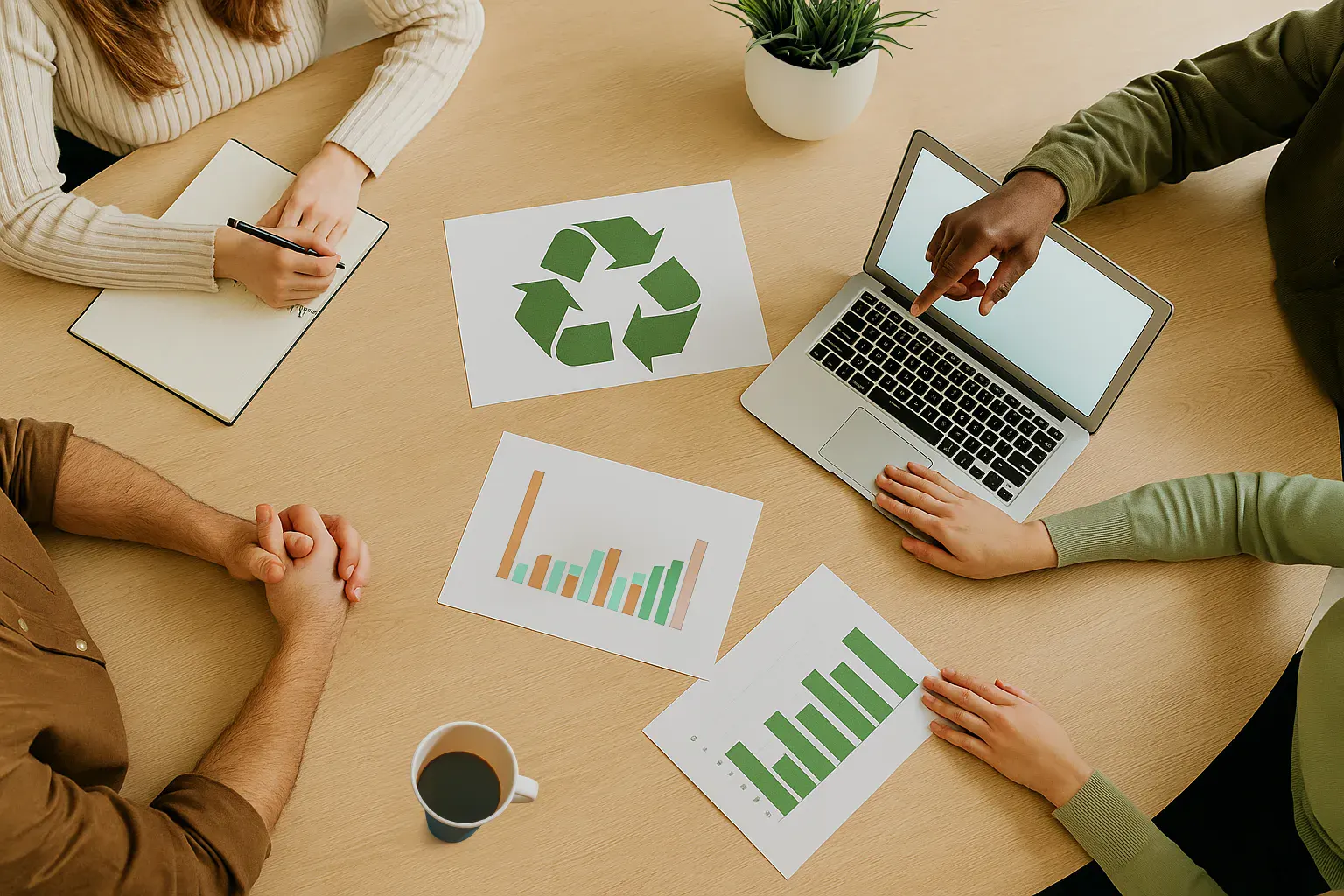 Stół z laptopem, notatkami i wykresami, symbol recyklingu treści