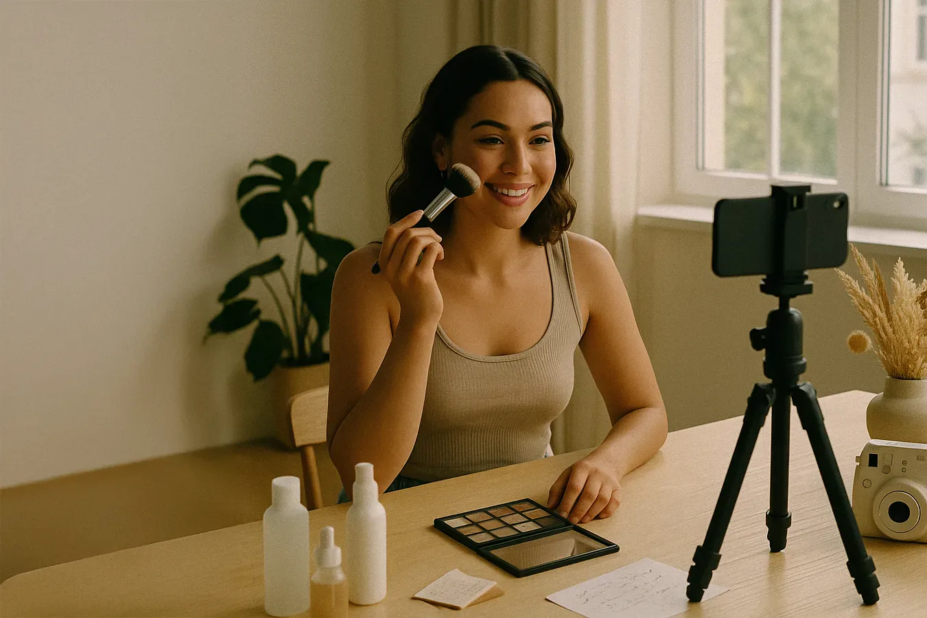 Twórczyni beauty nagrywa wideo z paletą cieni