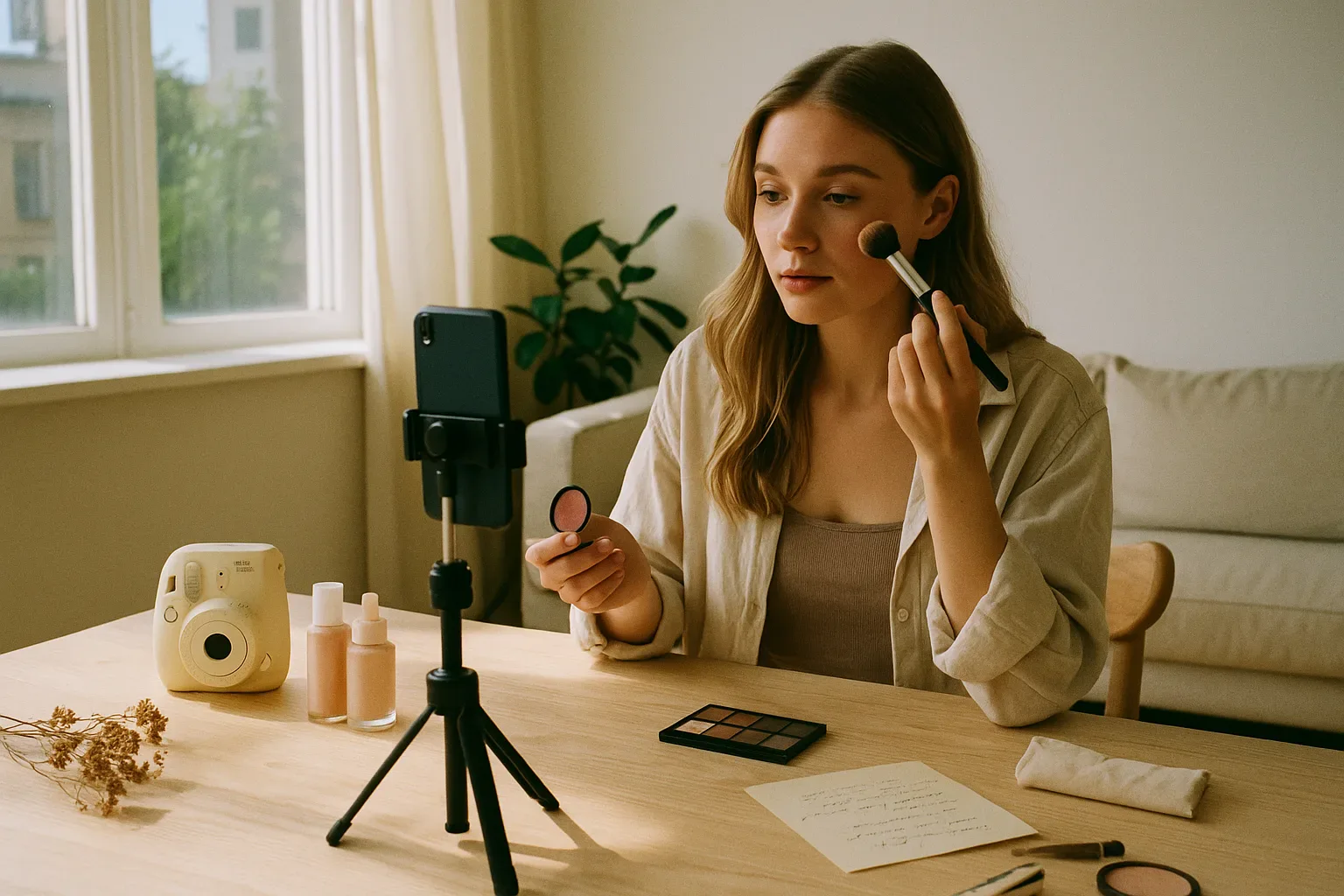 Twórczyni nagrywa tutorial makijażu telefonem na statywie